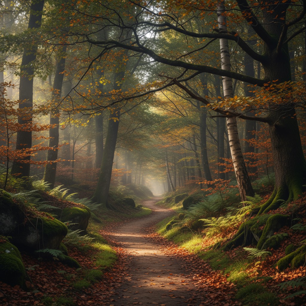 Autumn forest path, natural light, medium tone, trees.