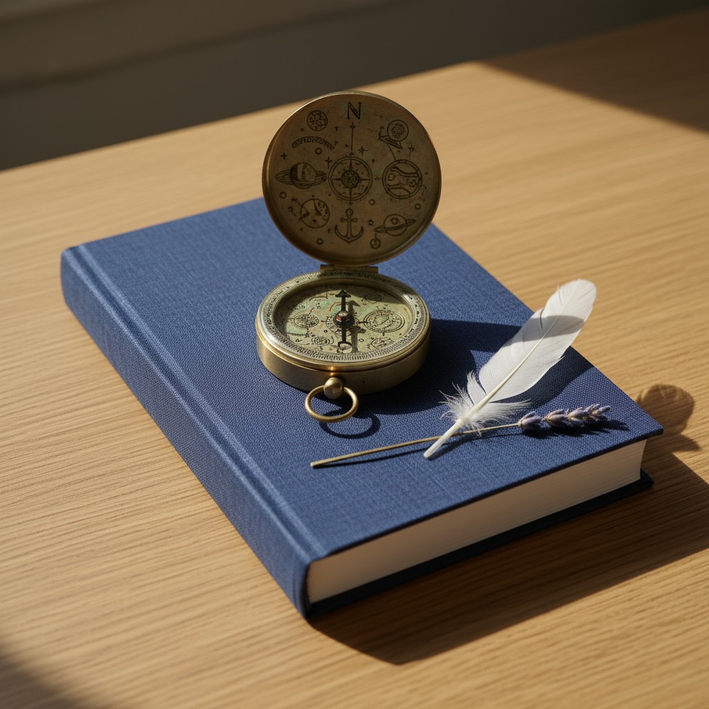 A brass compass rests on top of a blue book, a white feather, and a feather quill ink pen.