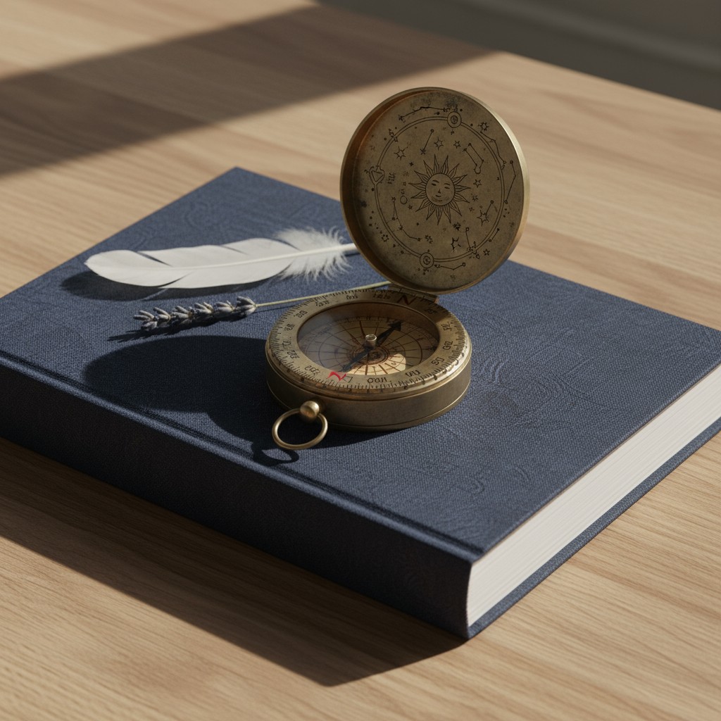 A close-up image of an old brass compass on top of a large navy blue book in a light brown wooden table. The compass has a...